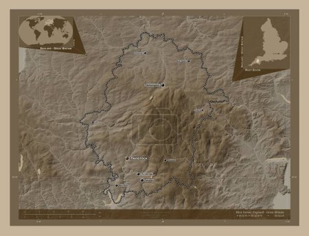 Photo for West Devon, non metropolitan district of England - Great Britain. Elevation map colored in sepia tones with lakes and rivers. Locations and names of major cities of the region. Corner auxiliary location maps - Royalty Free Image