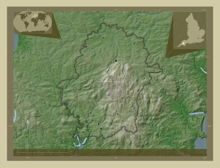 Foto de West Devon, distrito no metropolitano de Inglaterra Gran Bretaña. Mapa de elevación coloreado en estilo wiki con lagos y ríos. Ubicaciones de las principales ciudades de la región. Mapas de ubicación auxiliares de esquina - Imagen libre de derechos