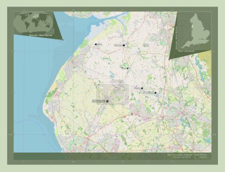 Photo for West Lancashire, non metropolitan district of England - Great Britain. Open Street Map. Locations and names of major cities of the region. Corner auxiliary location maps - Royalty Free Image
