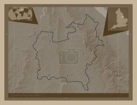 Photo for West Lindsey, non metropolitan district of England - Great Britain. Elevation map colored in sepia tones with lakes and rivers. Locations of major cities of the region. Corner auxiliary location maps - Royalty Free Image