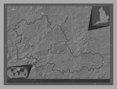 Photo for West Midlands Combined Authority, region of England - Great Britain. Bilevel elevation map with lakes and rivers. Locations of major cities of the region. Corner auxiliary location maps - Royalty Free Image