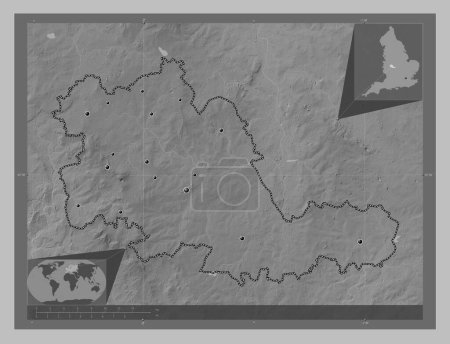 Photo for West Midlands Combined Authority, region of England - Great Britain. Grayscale elevation map with lakes and rivers. Locations of major cities of the region. Corner auxiliary location maps - Royalty Free Image