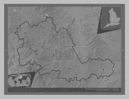 Photo for West Midlands Combined Authority, region of England - Great Britain. Grayscale elevation map with lakes and rivers. Locations and names of major cities of the region. Corner auxiliary location maps - Royalty Free Image