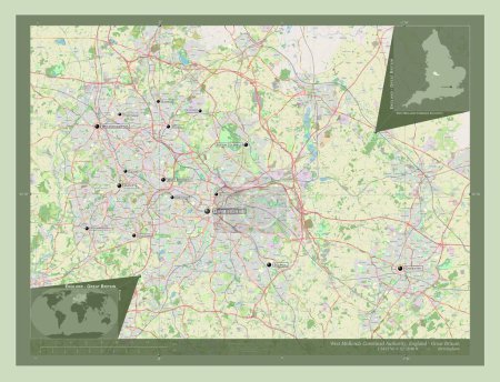 Téléchargez les photos : West Midlands Combined Authority, région d'Angleterre - Grande-Bretagne. Ouvrir la carte routière. Emplacements et noms des grandes villes de la région. Corner cartes de localisation auxiliaires - en image libre de droit