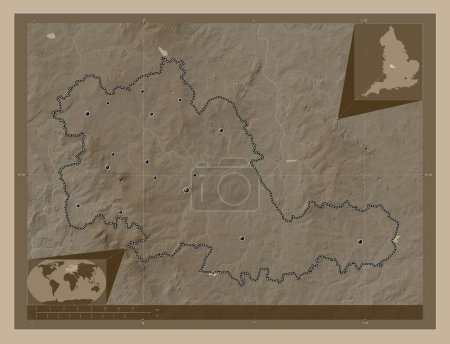 Photo for West Midlands Combined Authority, region of England - Great Britain. Elevation map colored in sepia tones with lakes and rivers. Locations of major cities of the region. Corner auxiliary location maps - Royalty Free Image