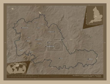 Photo for West Midlands Combined Authority, region of England - Great Britain. Elevation map colored in sepia tones with lakes and rivers. Locations and names of major cities of the region. Corner auxiliary location maps - Royalty Free Image
