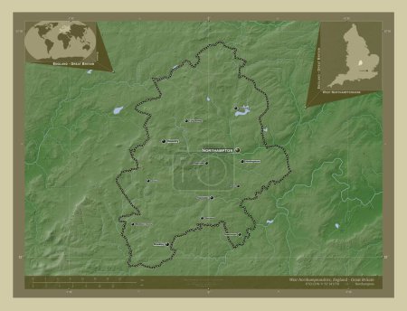 Téléchargez les photos : West Northamptonshire, autorité unitaire de l'Angleterre - Grande-Bretagne. Carte d'altitude colorée dans le style wiki avec des lacs et des rivières. Emplacements et noms des grandes villes de la région. Corner cartes de localisation auxiliaires - en image libre de droit
