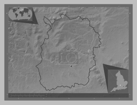 Photo for West Oxfordshire, non metropolitan district of England - Great Britain. Grayscale elevation map with lakes and rivers. Corner auxiliary location maps - Royalty Free Image