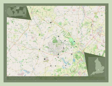 Foto de West Oxfordshire, distrito no metropolitano de Inglaterra Gran Bretaña. Open Street Map. Ubicaciones de las principales ciudades de la región. Mapas de ubicación auxiliares de esquina - Imagen libre de derechos