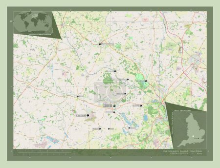 Photo for West Oxfordshire, non metropolitan district of England - Great Britain. Open Street Map. Locations and names of major cities of the region. Corner auxiliary location maps - Royalty Free Image
