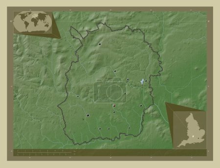 Foto de West Oxfordshire, distrito no metropolitano de Inglaterra Gran Bretaña. Mapa de elevación coloreado en estilo wiki con lagos y ríos. Ubicaciones de las principales ciudades de la región. Mapas de ubicación auxiliares de esquina - Imagen libre de derechos