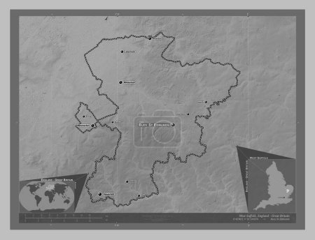 Photo for West Suffolk, non metropolitan district of England - Great Britain. Grayscale elevation map with lakes and rivers. Locations and names of major cities of the region. Corner auxiliary location maps - Royalty Free Image