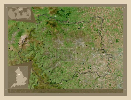 Foto de West Yorkshire, región de Inglaterra - Gran Bretaña. Mapa satelital de alta resolución. Mapas de ubicación auxiliares de esquina - Imagen libre de derechos