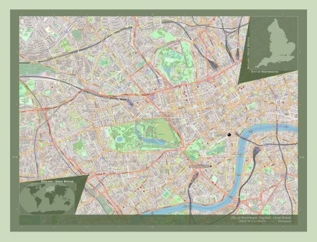 Foto de Ciudad de Westminster, Londres, Inglaterra Gran Bretaña. Open Street Map. Ubicaciones y nombres de las principales ciudades de la región. Mapas de ubicación auxiliares de esquina - Imagen libre de derechos