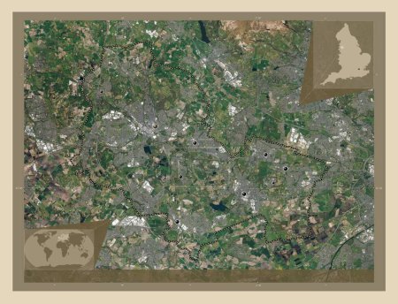 Foto de Wigan, autoridad unitaria de Inglaterra Gran Bretaña. Mapa satelital de alta resolución. Ubicaciones de las principales ciudades de la región. Mapas de ubicación auxiliares de esquina - Imagen libre de derechos