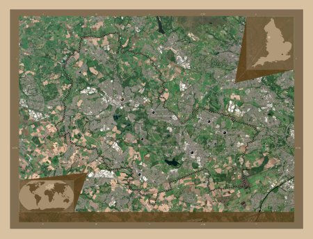 Foto de Wigan, autoridad unitaria de Inglaterra Gran Bretaña. Mapa satelital de baja resolución. Ubicaciones de las principales ciudades de la región. Mapas de ubicación auxiliares de esquina - Imagen libre de derechos