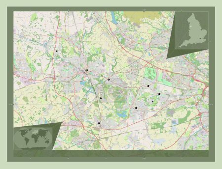 Foto de Wigan, autoridad unitaria de Inglaterra Gran Bretaña. Open Street Map. Ubicaciones de las principales ciudades de la región. Mapas de ubicación auxiliares de esquina - Imagen libre de derechos