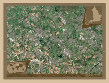 Foto de Wigan, autoridad unitaria de Inglaterra Gran Bretaña. Mapa satelital de baja resolución. Ubicaciones y nombres de las principales ciudades de la región. Mapas de ubicación auxiliares de esquina - Imagen libre de derechos