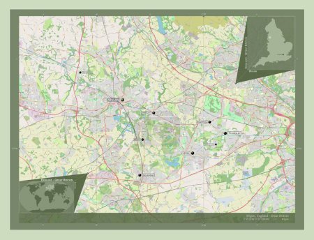 Foto de Wigan, autoridad unitaria de Inglaterra Gran Bretaña. Open Street Map. Ubicaciones y nombres de las principales ciudades de la región. Mapas de ubicación auxiliares de esquina - Imagen libre de derechos