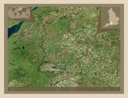 Foto de Wiltshire, condado administrativo de Inglaterra - Gran Bretaña. Mapa satelital de alta resolución. Ubicaciones de las principales ciudades de la región. Mapas de ubicación auxiliares de esquina - Imagen libre de derechos