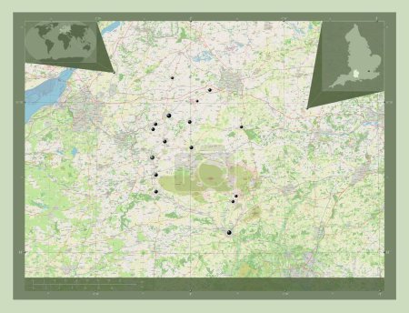 Foto de Wiltshire, condado administrativo de Inglaterra - Gran Bretaña. Open Street Map. Ubicaciones de las principales ciudades de la región. Mapas de ubicación auxiliares de esquina - Imagen libre de derechos