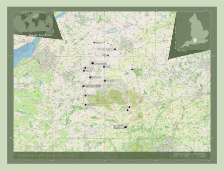 Foto de Wiltshire, condado administrativo de Inglaterra - Gran Bretaña. Open Street Map. Ubicaciones y nombres de las principales ciudades de la región. Mapas de ubicación auxiliares de esquina - Imagen libre de derechos