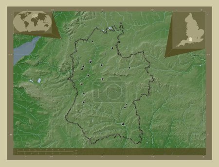Téléchargez les photos : Wiltshire, comté administratif d'Angleterre - Grande-Bretagne. Carte d'altitude colorée dans le style wiki avec des lacs et des rivières. Emplacements des grandes villes de la région. Corner cartes de localisation auxiliaires - en image libre de droit