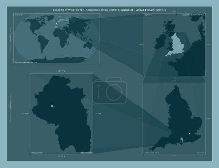 Photo for Winchester, non metropolitan district of England - Great Britain. Diagram showing the location of the region on larger-scale maps. Composition of vector frames and PNG shapes on a solid background - Royalty Free Image