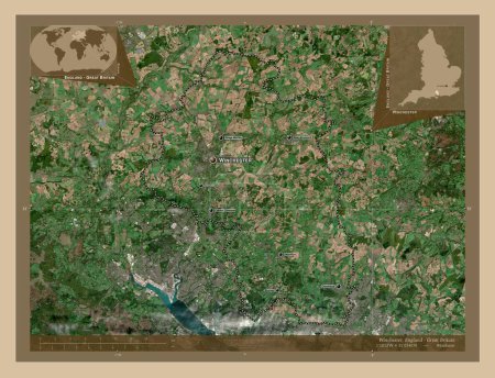 Foto de Winchester, distrito no metropolitano de Inglaterra - Gran Bretaña. Mapa satelital de baja resolución. Ubicaciones y nombres de las principales ciudades de la región. Mapas de ubicación auxiliares de esquina - Imagen libre de derechos