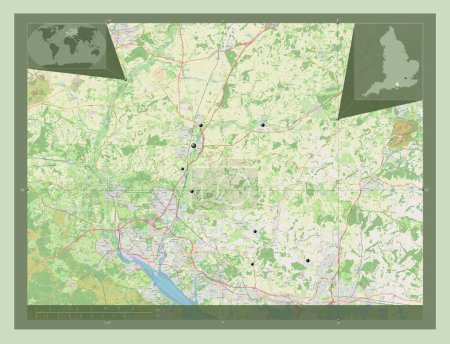 Foto de Winchester, distrito no metropolitano de Inglaterra - Gran Bretaña. Open Street Map. Ubicaciones de las principales ciudades de la región. Mapas de ubicación auxiliares de esquina - Imagen libre de derechos