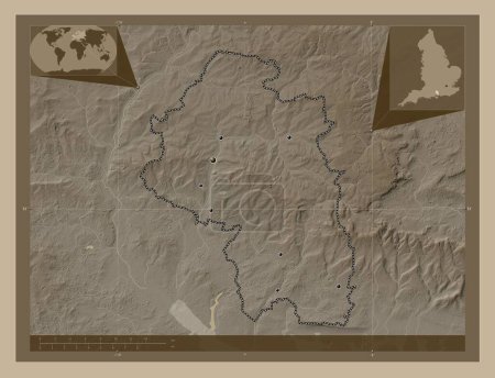 Photo for Winchester, non metropolitan district of England - Great Britain. Elevation map colored in sepia tones with lakes and rivers. Locations of major cities of the region. Corner auxiliary location maps - Royalty Free Image