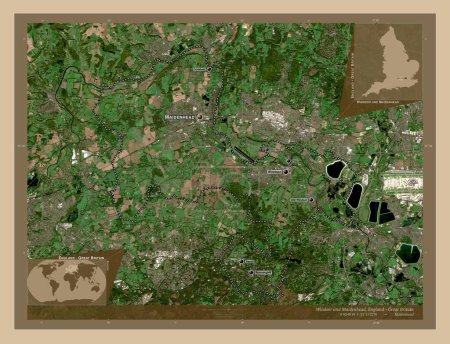 Photo for Windsor and Maidenhead, metropolitan district of England - Great Britain. Low resolution satellite map. Locations and names of major cities of the region. Corner auxiliary location maps - Royalty Free Image