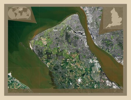 Photo for Wirral, metropolitan district of England - Great Britain. High resolution satellite map. Locations of major cities of the region. Corner auxiliary location maps - Royalty Free Image