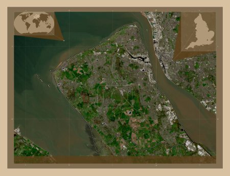Photo for Wirral, metropolitan district of England - Great Britain. Low resolution satellite map. Locations of major cities of the region. Corner auxiliary location maps - Royalty Free Image