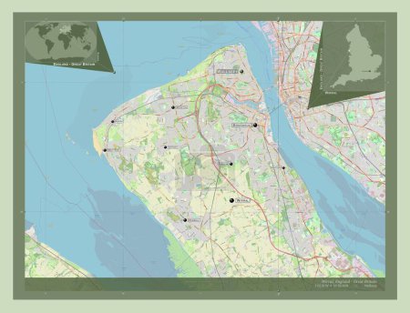 Photo for Wirral, metropolitan district of England - Great Britain. Open Street Map. Locations and names of major cities of the region. Corner auxiliary location maps - Royalty Free Image