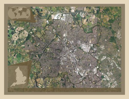 Foto de Wolverhampton, autoridad unitaria de Inglaterra Gran Bretaña. Mapa satelital de alta resolución. Ubicaciones de las principales ciudades de la región. Mapas de ubicación auxiliares de esquina - Imagen libre de derechos