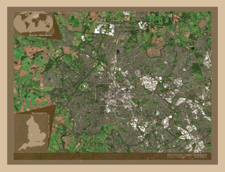 Foto de Wolverhampton, autoridad unitaria de Inglaterra Gran Bretaña. Mapa satelital de baja resolución. Ubicaciones y nombres de las principales ciudades de la región. Mapas de ubicación auxiliares de esquina - Imagen libre de derechos