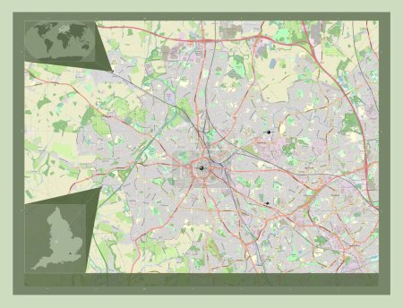 Téléchargez les photos : Wolverhampton, autorité unitaire de l'Angleterre - Grande-Bretagne. Ouvrir la carte routière. Emplacements des grandes villes de la région. Corner cartes de localisation auxiliaires - en image libre de droit