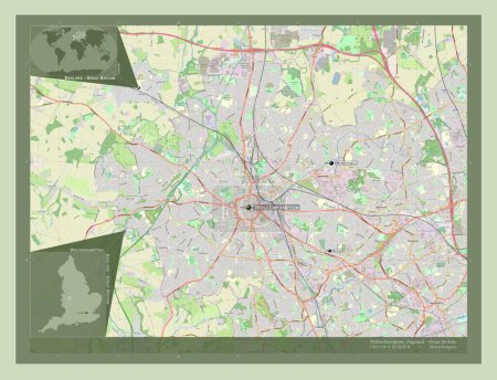 Téléchargez les photos : Wolverhampton, autorité unitaire de l'Angleterre - Grande-Bretagne. Ouvrir la carte routière. Emplacements et noms des grandes villes de la région. Corner cartes de localisation auxiliaires - en image libre de droit