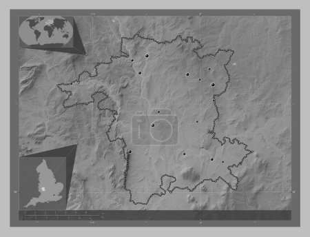 Photo for Worcestershire, administrative county of England - Great Britain. Grayscale elevation map with lakes and rivers. Locations of major cities of the region. Corner auxiliary location maps - Royalty Free Image