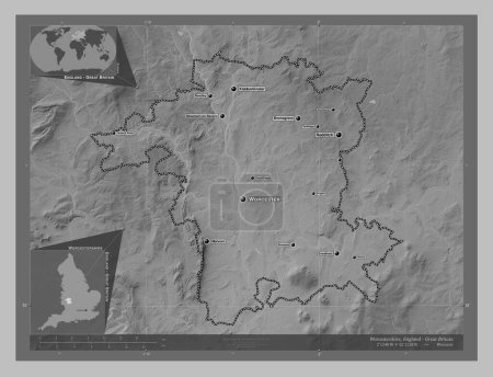 Photo for Worcestershire, administrative county of England - Great Britain. Grayscale elevation map with lakes and rivers. Locations and names of major cities of the region. Corner auxiliary location maps - Royalty Free Image