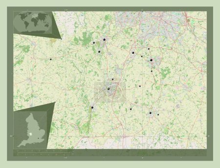 Foto de Worcestershire, condado administrativo de Inglaterra - Gran Bretaña. Open Street Map. Ubicaciones de las principales ciudades de la región. Mapas de ubicación auxiliares de esquina - Imagen libre de derechos