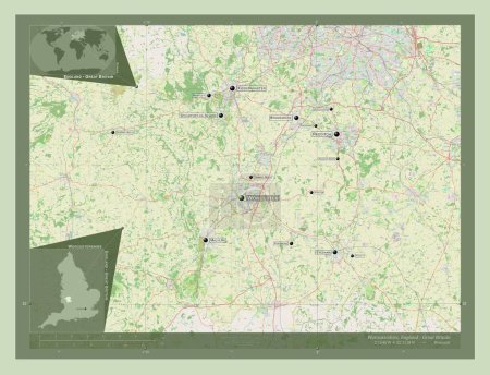 Foto de Worcestershire, condado administrativo de Inglaterra - Gran Bretaña. Open Street Map. Ubicaciones y nombres de las principales ciudades de la región. Mapas de ubicación auxiliares de esquina - Imagen libre de derechos