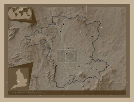 Photo for Worcestershire, administrative county of England - Great Britain. Elevation map colored in sepia tones with lakes and rivers. Locations of major cities of the region. Corner auxiliary location maps - Royalty Free Image