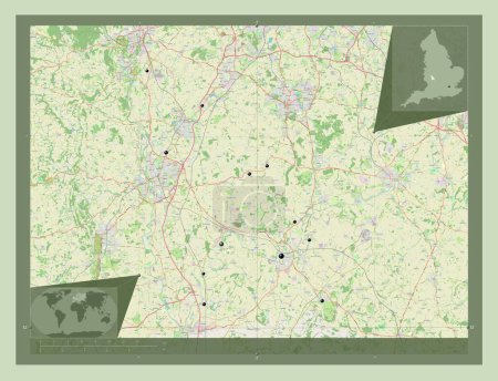 Foto de Wychavon, distrito no metropolitano de Inglaterra Gran Bretaña. Open Street Map. Ubicaciones de las principales ciudades de la región. Mapas de ubicación auxiliares de esquina - Imagen libre de derechos