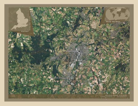 Foto de Wyre Forest, distrito no metropolitano de Inglaterra - Gran Bretaña. Mapa satelital de alta resolución. Ubicaciones y nombres de las principales ciudades de la región. Mapas de ubicación auxiliares de esquina - Imagen libre de derechos