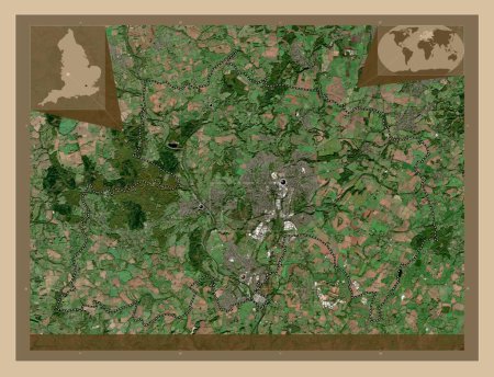 Foto de Wyre Forest, distrito no metropolitano de Inglaterra - Gran Bretaña. Mapa satelital de baja resolución. Ubicaciones de las principales ciudades de la región. Mapas de ubicación auxiliares de esquina - Imagen libre de derechos