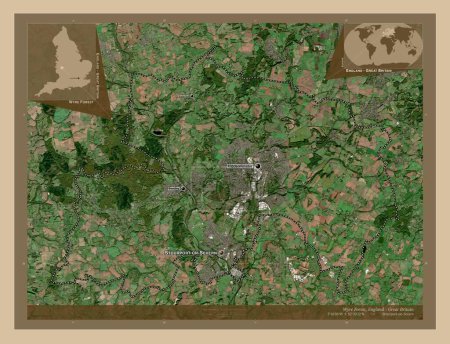 Foto de Wyre Forest, distrito no metropolitano de Inglaterra - Gran Bretaña. Mapa satelital de baja resolución. Ubicaciones y nombres de las principales ciudades de la región. Mapas de ubicación auxiliares de esquina - Imagen libre de derechos