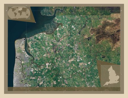 Foto de Wyre, distrito no metropolitano de Inglaterra Gran Bretaña. Mapa satelital de alta resolución. Ubicaciones de las principales ciudades de la región. Mapas de ubicación auxiliares de esquina - Imagen libre de derechos