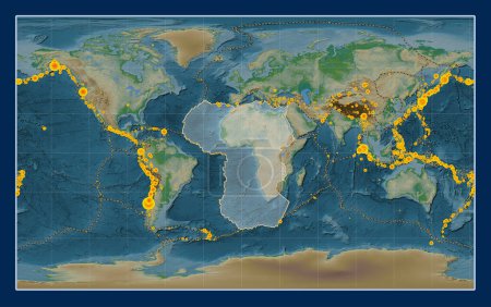 Foto de Placa tectónica africana en el mapa de elevación física en la proyección Compact Miller centrada meridionalmente. Localizaciones de terremotos de magnitud superior a 6,5 registradas desde principios del siglo XVII - Imagen libre de derechos